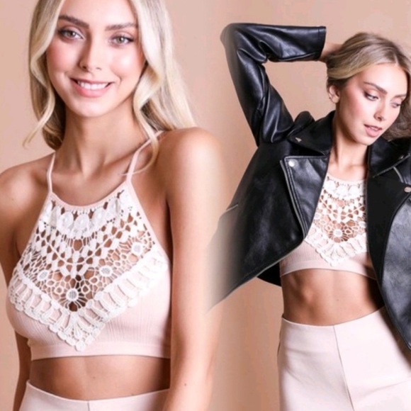 ALMOST SOLD OUT XS/S New Edgy Chic Crochet & Lace Bralette Bra PINK - Picture 3 of 6